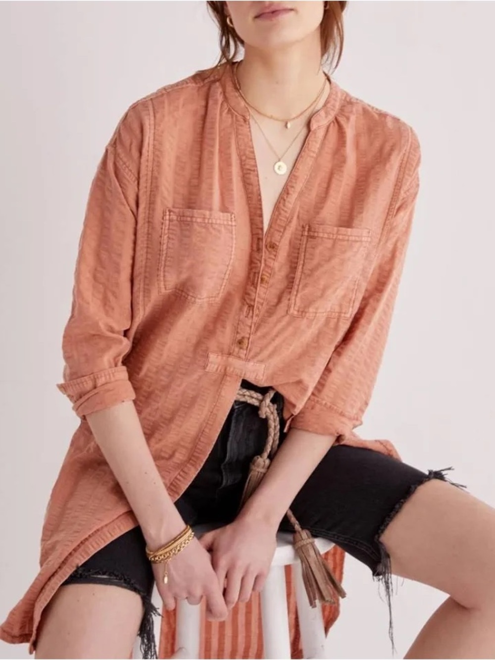 Pilcro Seersucker Tunic Button Down Top XS Rust Orange Fall Slits Oversized